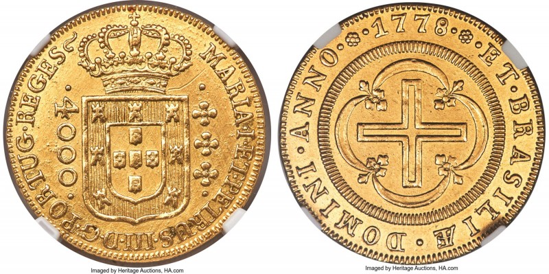 Maria I & Pedro III gold 4000 Reis 1778-(L) AU Details (Cleaned) NGC, Lisbon min...