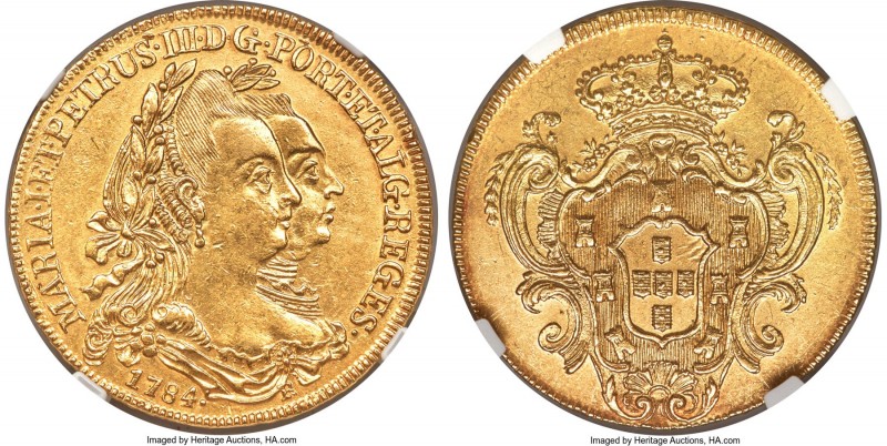 Maria I & Pedro III gold 6400 Reis 1784-R UNC Details (Cleaned) NGC, Rio de Jane...