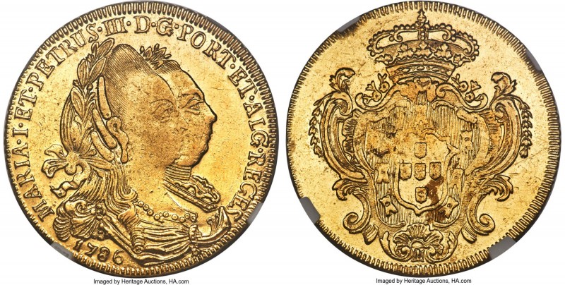 Maria I & Pedro III gold 6400 Reis 1786-B AU58 NGC, Bahia mint, KM199.1, LMB-491...