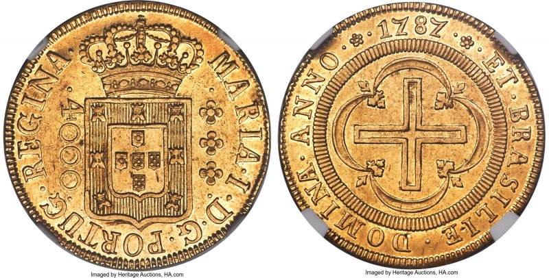 Maria I gold 4000 Reis 1787-(L) AU58 NGC, Lisbon mint, KM225.1, LMB-496. Brass g...