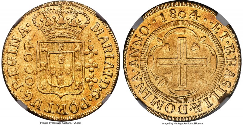 Maria I gold 4000 Reis 1804/2-(B) AU50 NGC, Bahia mint, KM225.2, cf. LMB-502 (ov...