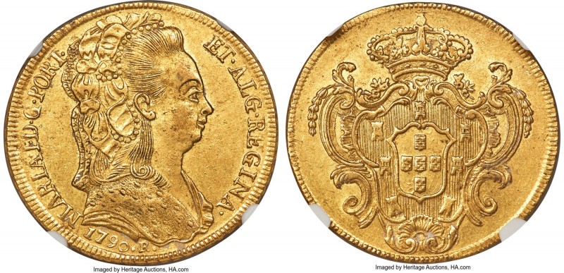 Maria I gold 6400 Reis 1790-R AU55 NGC, Rio de Janeiro mint, KM226.1, LMB-528. A...