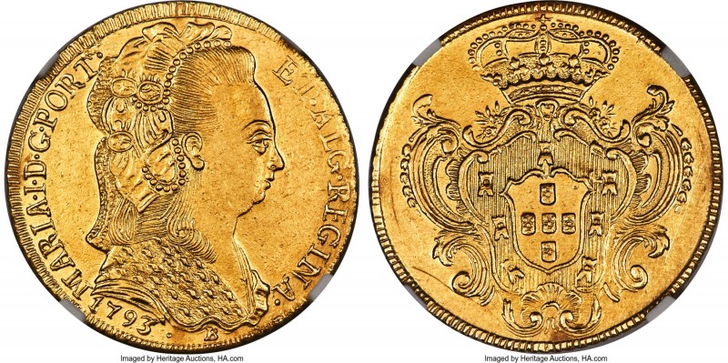 Maria I gold 6400 Reis 1793-B AU Details (Removed From Jewelry) NGC, Bahia mint,...