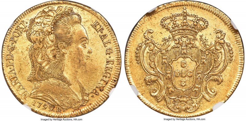 Maria I gold 6400 Reis 1799-R AU55 NGC, Rio de Janeiro mint, KM226.1, LMB-537. D...