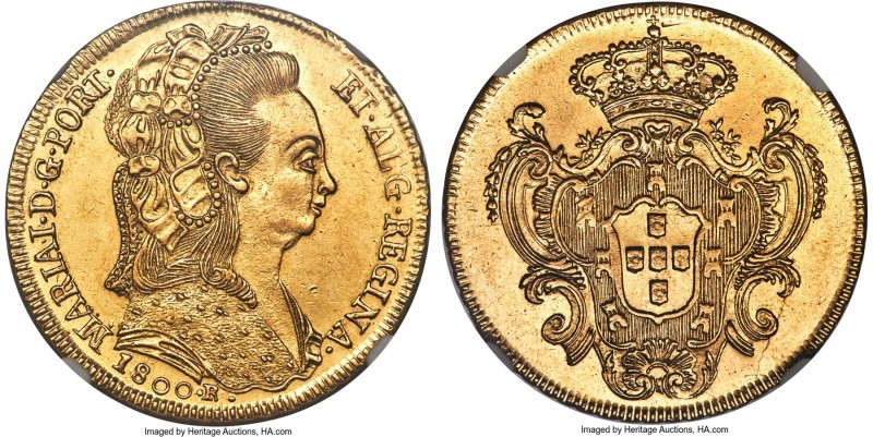 Maria I gold 6400 Reis 1800-R UNC Details (Mount Removed) NGC, Rio de Janeiro mi...