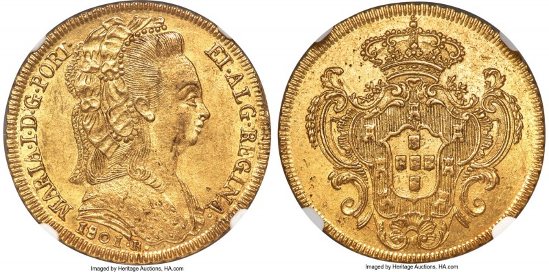 Maria I gold 6400 Reis 1801-R MS61 NGC, Rio de Janeiro mint, KM226.1, LMB-539. A...