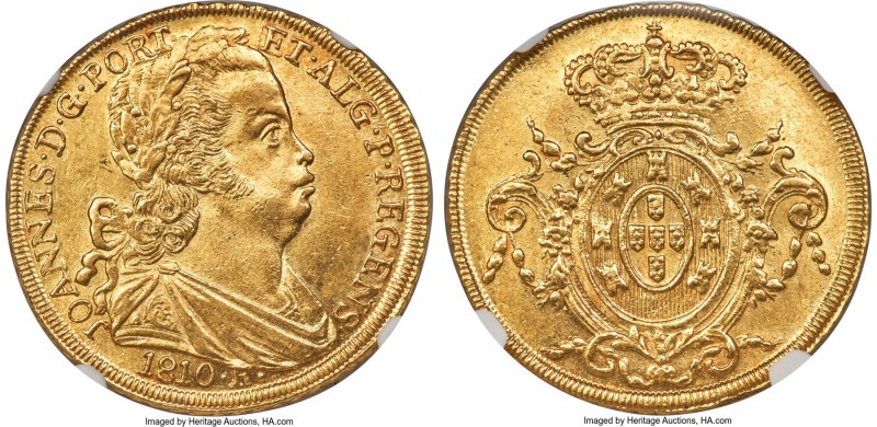 João Prince Regent gold 6400 Reis 1810-R MS62 NGC, Rio de Janeiro mint, KM236.1,...