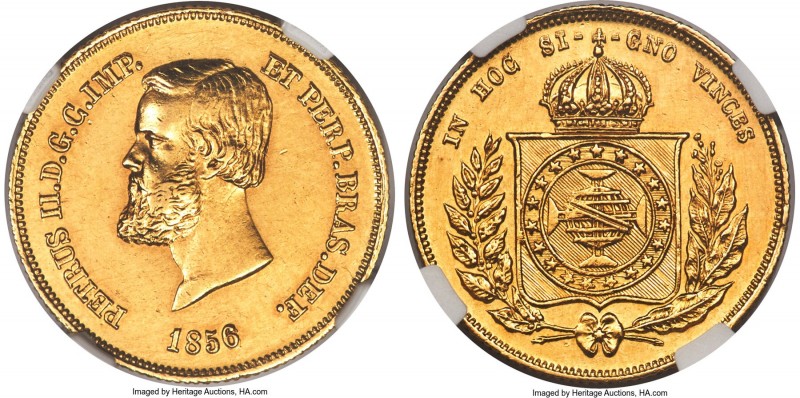 Pedro II gold 5000 Reis 1856 UNC Details (Cleaned) NGC, KM470, LMB-639. Crown of...