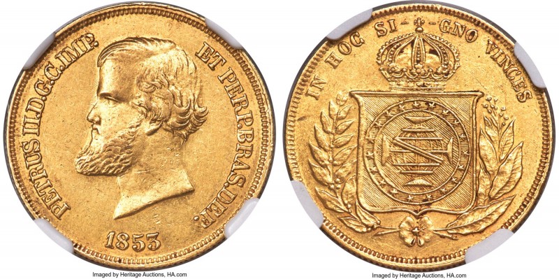 Pedro II gold 10000 Reis 1853 AU58 NGC, Rio de Janeiro mint, KM467, LMB-643. The...