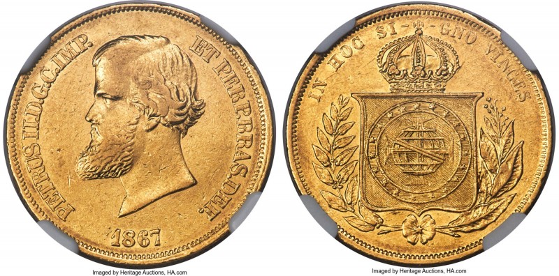 Pedro II gold 10000 Reis 1867 AU55 NGC, Rio de Janeiro mint, KM467, LMB-654. Mil...