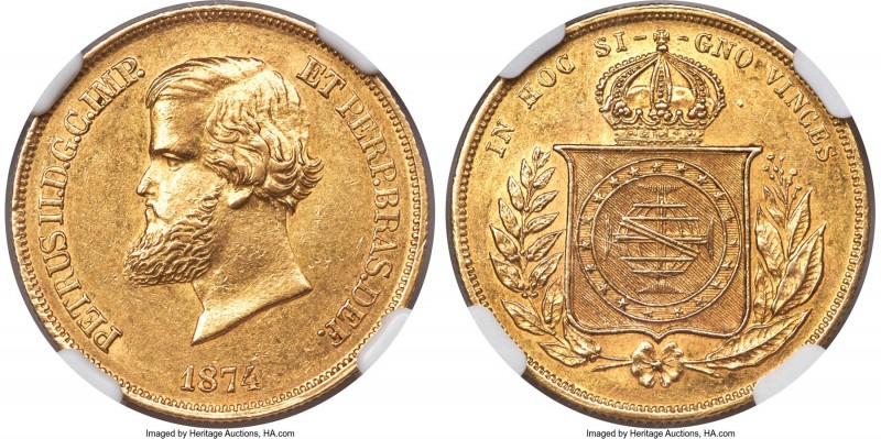 Pedro II gold 10000 Reis 1874 AU58 NGC, Rio de Janeiro mint, KM467, LMB-658. A l...