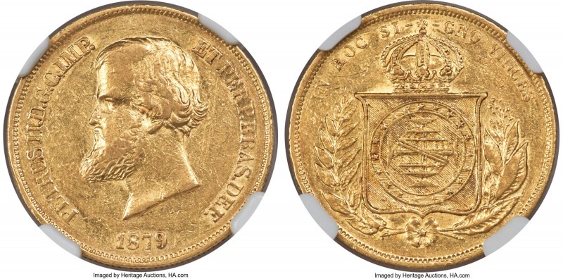 Pedro II gold 10000 Reis 1879 AU Details (Obverse Scratched) NGC, Rio de Janeiro...