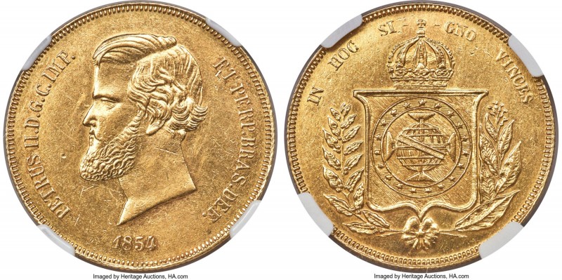 Pedro II gold 20000 Reis 1854 AU Details (Cleaned) NGC, Rio de Janeiro mint, KM4...