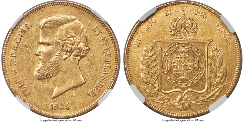 Pedro II gold 20000 Reis 1864 AU50 NGC, Rio de Janeiro mint, KM468, LMB-684. Dis...