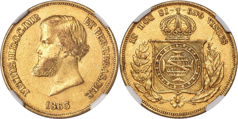 Pedro II gold 10000 Reis 1863 AU55 NGC, Rio de Janeiro mint, KM467, LMB-651. Lig...