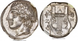 MACEDON. Chalcidian League. Ca. 432-348 BC. AR tetradrachm (24mm, 14.40 gm, 9h). NGC MS 4/5 - 4/5. Olynthus, ca. 390 BC. Laureate head of Apollo left ...
