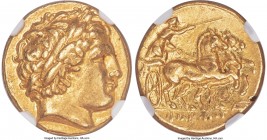 MACEDONIAN KINGDOM. Philip II (359-336 BC). AV stater (18mm, 8.57 gm, 11h). NGC AU 5/5 - 4/5, light marks. Posthumous issue of Lampsacus, under Philip...
