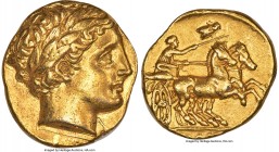 MACEDONIAN KINGDOM. Philip II (359-336 BC). AV stater (18mm, 8.56 gm, 10h). NGC AU 4/5 - 2/5, ex-jewelry. Lifetime issue of Pella I, ca. 345-340 BC. L...