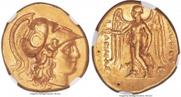 MACEDONIAN KINGDOM. Philip III Arrhidaeus (323-317 BC). AV stater (19mm, 8.55 gm, 1h). NGC Choice AU S 5/5 - 5/5. Lifetime issue of Babylon. Head of A...