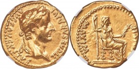 Tiberius (AD 14-37). AV aureus (19mm, 7.85 gm, 6h). NGC AU 4/5 - 4/5. Lugdunum, ca. AD 14-17. TI CAESAR DIVI-AVG F AVGVSTVS, laureate head of Tiberius...