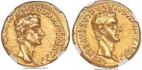 Gaius "Caligula" (AD 37-41), with Germanicus. AV aureus (18mm, 7.77 gm, 11h). NGC Choice XF 4/5 - 4/5. Lugdunum, AD 37-38. C CAESAR•AVG•GERM•P•M•TR•PO...