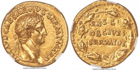 Claudius I (AD 41-54). AV aureus (19mm, 7.74 gm, 7h). NGC MS S 5/5 - 4/5. Rome, AD 41-42. TI CLAVD CAESAR AVG GERM P M TR P, laureate head of Claudius...