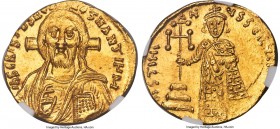 Justinian II, First Reign (AD 685-695). AV solidus (20mm, 4.47 gm, 7h). NGC Choice MS 4/5 - 5/5. Constantinople, AD 692-695. IhS CRISΤDS RЄX-RЄϚNANtIЧ...