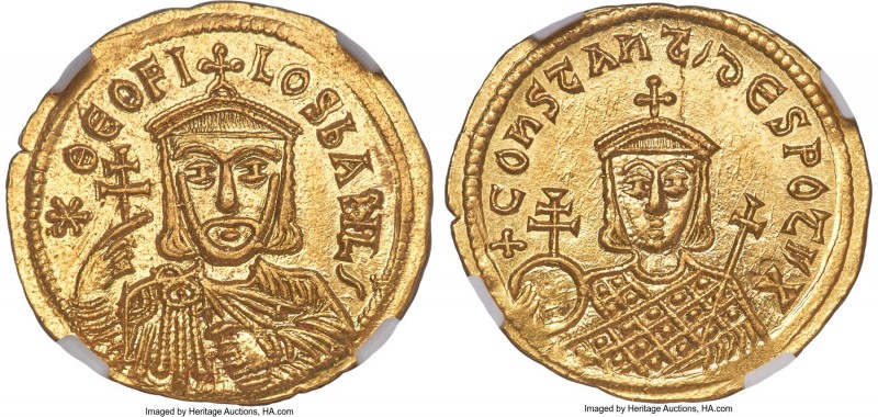 Theophilus (AD 829-842) with Constantine. AV solidus (22mm, 4.43 gm, 5h). NGC MS...