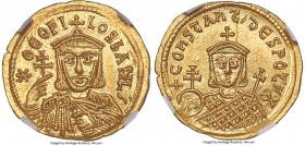 Theophilus (AD 829-842) with Constantine. AV solidus (22mm, 4.43 gm, 5h). NGC MS 5/5 - 4/5. Constantinople, AD 830-831. * ΘЄOFI-LOS bASIL', bust of Th...