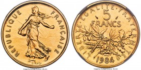 Republic gold Proof Piefort 5 Francs 1984 PR68 NGC, Paris mint, KM-P913, GEM-154.P3. Mintage: 4. A rare gold emission bearing the same design as the c...