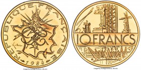 Republic gold Proof Piefort 10 Francs 1984 PR69 NGC, Paris mint, KM-P917, GEM-186.P3. Mintage: 6. An extremely scarce gold Piefort, produced in a very...