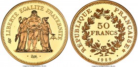 Republic gold Proof Piefort 50 Francs 1980 PR69 Ultra Cameo NGC, Paris mint, KM-P681, GEM-223.P2. Mintage: 500. An ever-popular, fleeting Piefort issu...