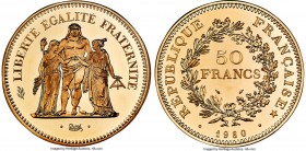 Republic gold Proof Piefort 50 Francs 1980 PR66 Ultra Cameo NGC, Paris mint, KM-P681, GEM-223.P2. Mintage: 500. A popular and fleeting double-weight g...
