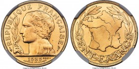 Republic gold Essai 100 Francs 1929 MS65 NGC, Maz-2535. A peak-certified example of this rare gold Essai, notable amongst its peers for its unique dep...