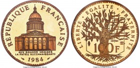 Republic gold Proof Piefort 100 Francs 1984 Proof Details (Reverse Rim Damage) NGC, Paris mint, KM-P927, GEM-232.P2. Mintage: 10. A resplendent and lo...
