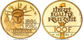 Republic gold Proof Piefort 100 Francs 1986 PR68 PCGS, Paris mint, KM-P973b, GEM-235.P3. Mintage: 50. A fleeting gold Piefort, struck for the centenni...