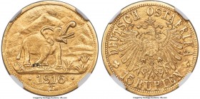 German Colony. Wilhelm II gold 15 Rupien 1916-T MS64 NGC, Tabora mint, KM16.2, J-728a. Arabesque below the A in "OSTAFRIKA" variety. Exceptionally wel...