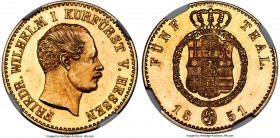 Hesse-Cassel. Friedrich Wilhelm I gold 5 Taler 1851-CP MS63 S Prooflike NGC, Kassel mint, KM619, Fr-1298, J-58, D&S-134. Mintage: 596. The first examp...