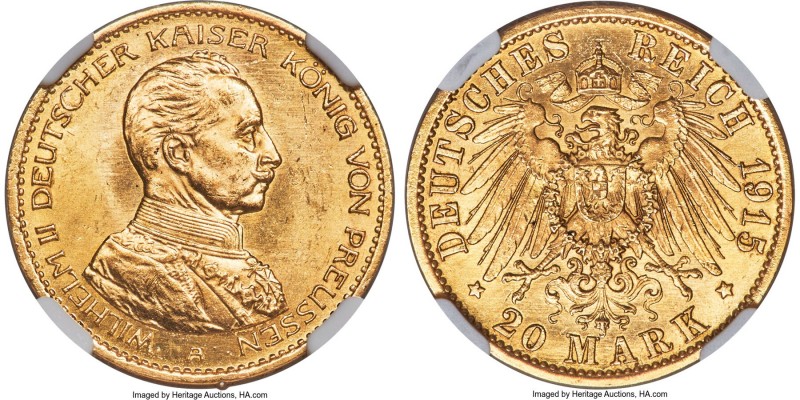 Prussia. Wilhelm II gold 20 Mark 1915-A MS65 NGC, Berlin mint, KM537, J-253. The...