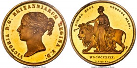 Victoria gold Proof "Una and the Lion" 5 Pounds 1839 PR63 Deep Cameo PCGS, KM742, S-3851, W&R-279 (R2). DIRIGE legend, medal alignment. Small lettered...
