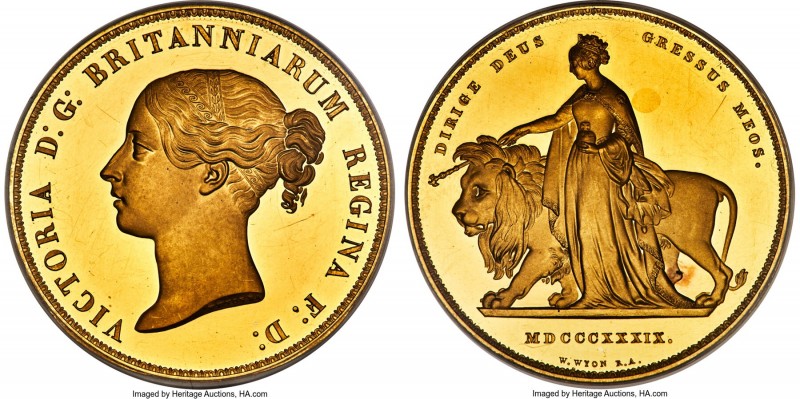 Victoria gold Proof "Una and the Lion" 5 Pounds 1839 PR62+ Deep Cameo PCGS, KM74...