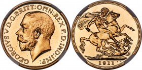 George V gold Proof Sovereign 1911 PR66+ Cameo NGC, KM820, S-3996. A potently mirrored emission whose surfaces retain the highly reflective characteri...
