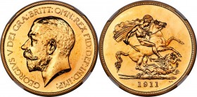 George V gold Proof 5 Pounds 1911 PR66 NGC, KM822, S-3994, W&R-414. Mintage: 2,812. A spectacular gem of a coin, which for all practical purposes appe...