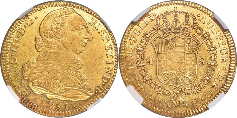 Charles III gold 4 Escudos 1781 NG-P AU58 NGC, Nueva Guatemala mint, KM39, Fr-11...