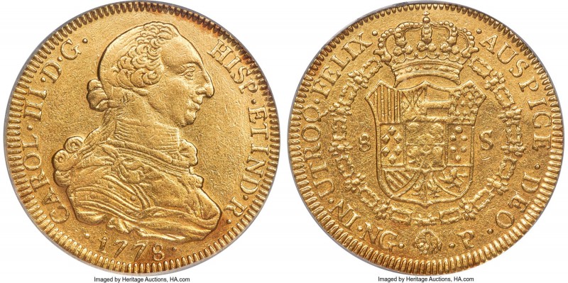 Charles III gold 8 Escudos 1778 NG-P AU Details (Cleaned) PCGS, Nueva Guatemala ...