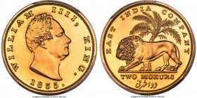 British India. William IV gold Proof Restrike 2 Mohurs 1835.-(c) PR63 PCGS, Calcutta mint, KM452.1, Fr-1592b, Prid-3, S&W-1.4. Reeded edge. A quintess...