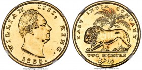 British India. William IV gold Proof Restrike 2 Mohurs 1835-(c) PR61 NGC, Calcutta mint, KM452.1, Fr-1592b, Prid-3, S&W-1.4. Reeded edge. A slightly m...