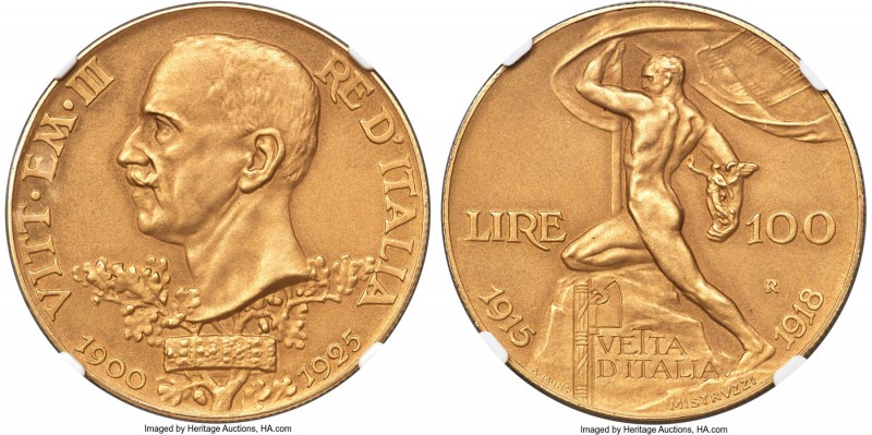Vittorio Emanuele III gold Matte Proof 100 Lire 1925-R PR66 NGC, Rome mint, KM66...