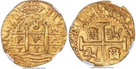 Philip V gold Cob 8 Escudos 1710 L-H MS61 NGC, Lima mint, KM38.2, Cal-2117 (prev. Cal-21). 27gm. Bright and lustrous, with clearly rendered central de...