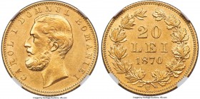 Carol I gold 20 Lei 1870-C AU58 NGC, Bucharest mint, KM7, Fr-2. Mintage: 5,000. A fleeting single-year issue whose sharp features are only trivially i...